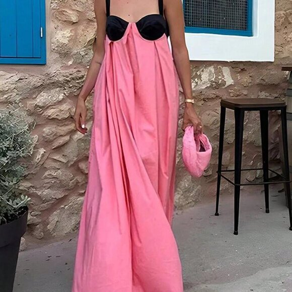 Multicolor Casual Women's Contrast Color Pleated Loose Maxi Slip Dress - Picture 6 of 6